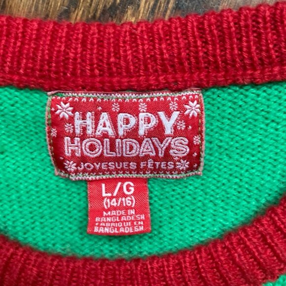 Girls' Happy Holidays Christmas Sweater L/G Green - Picture 2 of 5